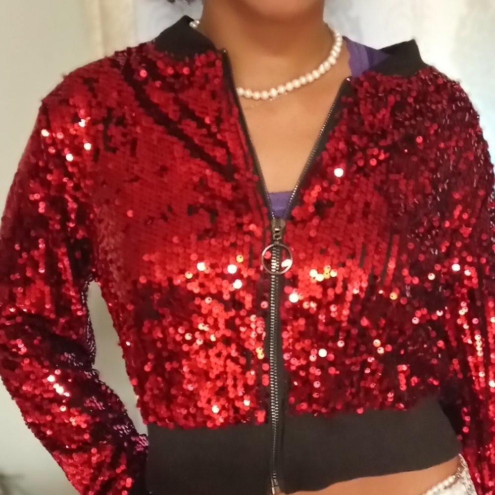 Allegra K Red Sequin Bomber Jacket